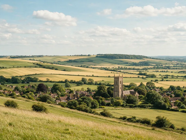 Rolling countryside with fields and a village church tower