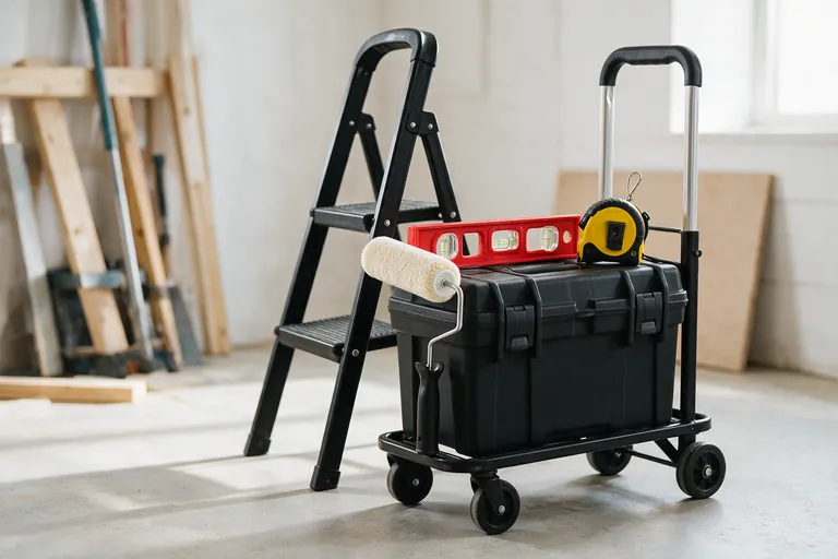 A stepladder, toolbox, paint roller, spirit level and tape measure in a bright workshop