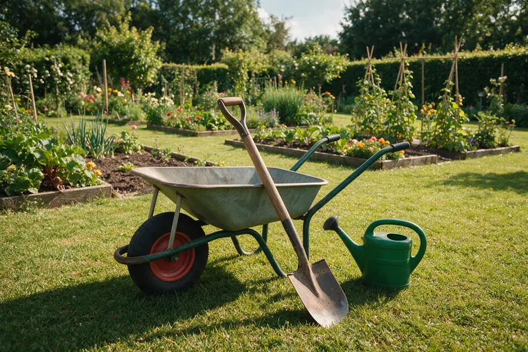 A wheelbarrow, spade and watering can on a lawn beside vegetable beds
