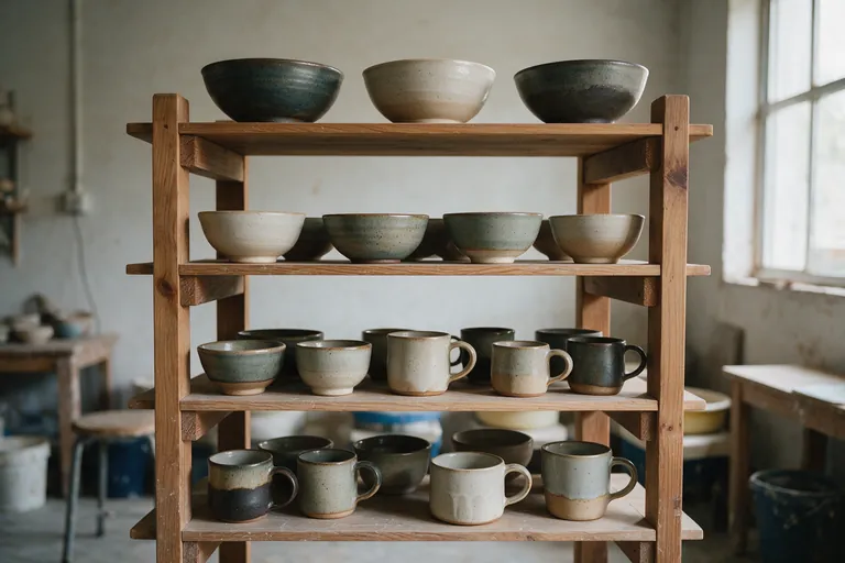 Handmade ceramic bowls and mugs on wooden shelves in a pottery studio