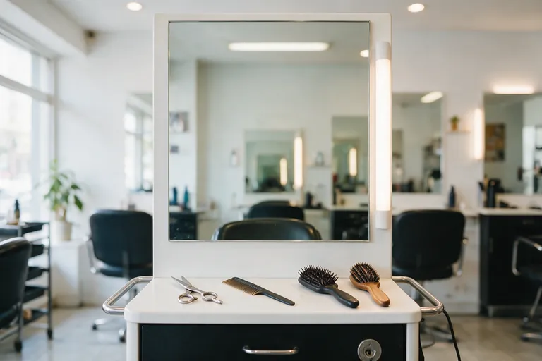 A hairdressing station with a mirror, scissors, comb and brushes