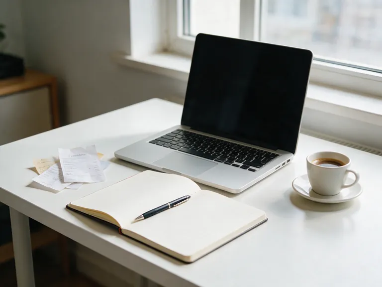 A tidy desk by a window with a laptop, an open notebook, some receipts and a cup of coffee