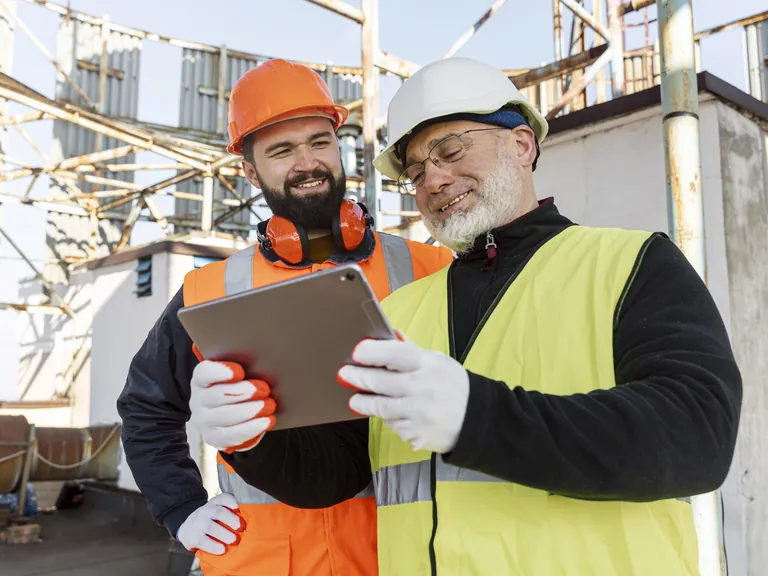 Two construction workers in hi-vis looking at a tablet together